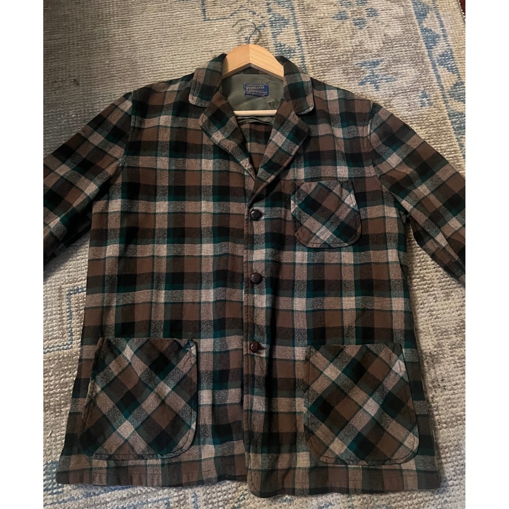 Vintage Pendleton Wool Plaid Chore Coat Jacket Mens Large Brown Green Flannel